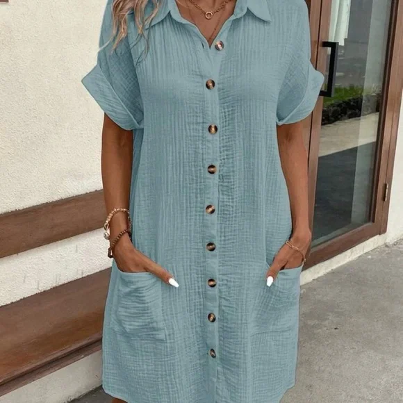 Baby Blue Button-Front Shirt Dress - Picture 4 of 6